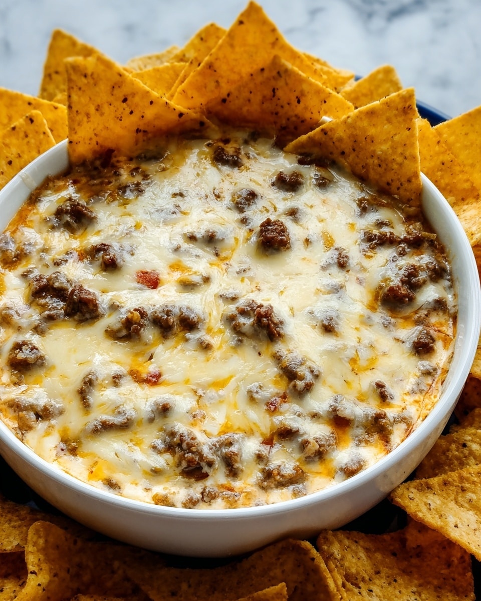The image shows a white bowl filled with a creamy, melted cheese dip mixed with small browned ground meat chunks and bits of red tomato. Around the edge of the bowl, several large, triangular yellow tortilla chips with black specks are stuck into the dip, standing upright. The cheese layer looks gooey and lightly browned in spots, covering the meat and tomato pieces evenly. The bowl rests on a white marbled surface, highlighting the warm colors of the dip. Photo taken with an iphone --ar 4:5 --v 7