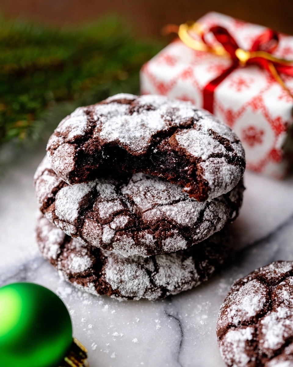 The image shows a close-up of dark chocolate cookies covered with a light layer of powdered sugar that creates a cracked pattern on their surface. The cookies are stacked on top of each other on a white marbled texture. The top cookie has a bite taken from it, revealing the soft, rich inner texture. In the background, there is a small red gift box with a gold string and some green pine leaves blurred out, adding a festive feel. In the foreground, a shiny green Christmas light bulb is partly visible. Photo taken with an iphone --ar 4:5 --v 7