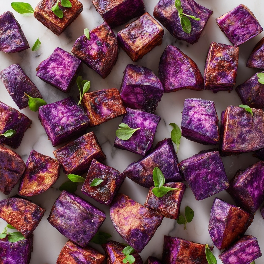 The image shows many pieces of roasted purple sweet potatoes cut into cubes and wedges, with a deep purple and reddish-brown color on the skin and inside. The potatoes have a slightly crispy texture on the outside and a soft appearance inside. They are sprinkled with small pieces of fresh green herbs, adding a fresh contrast to the rich colored potatoes. The dish is placed on a white marbled background photo taken with an iphone --ar 4:5 --v 7