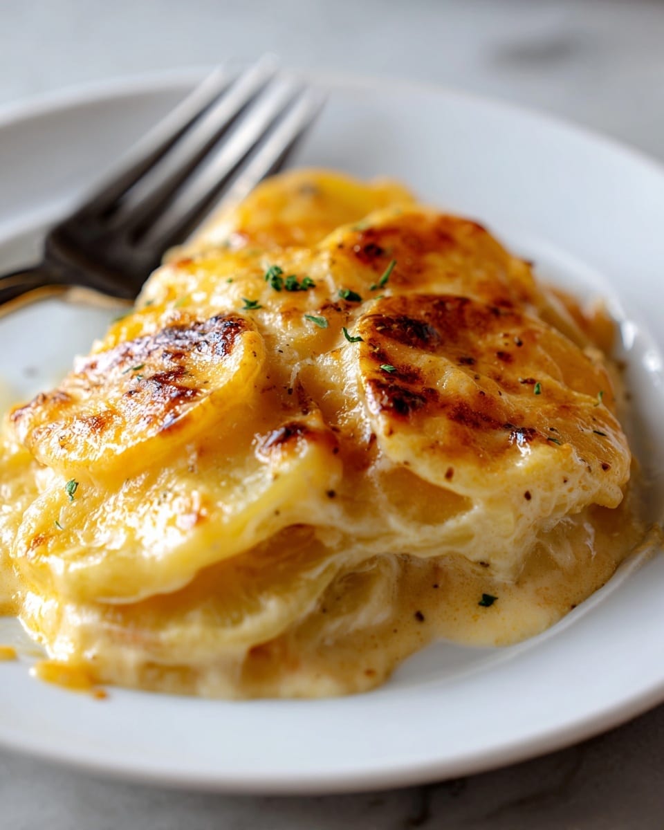 Thinly sliced potato pieces are arranged in a layered, vertical stack inside a clear glass tray with detailed edge patterns. The potato slices show their skin and light yellow flesh, sprinkled with black pepper. A yellow liquid, likely melted butter, is poured over the center of the potato layers, creating a smooth, shiny coating. The textured glass tray sits on a white marbled surface, adding a clean and bright look to the scene. photo taken with an iphone --ar 4:5 --v 7