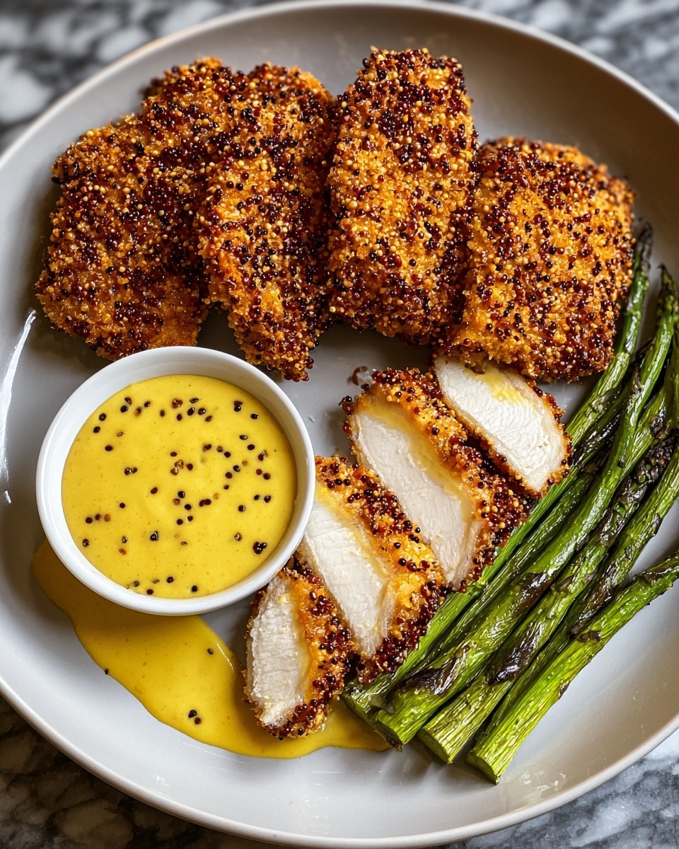 On a white plate, there are seven slices of golden-brown crispy fried chicken arranged in a slightly fanned-out way showing the white inside meat. Next to the chicken on the left, there are several bright green asparagus stalks stacked close together. Around the chicken and asparagus, there are two spots of creamy yellow mustard sauce with visible small dark mustard seeds, one spot near the bottom left and one larger spot near the top right. The plate is set on a white marbled surface. photo taken with an iphone --ar 4:5 --v 7