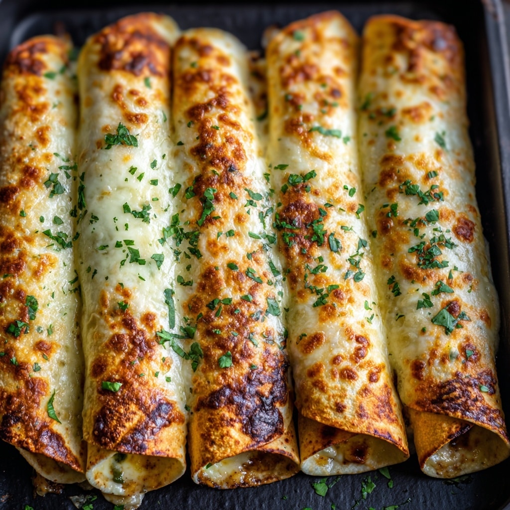 A close-up view of six rolled tortillas arranged side by side on a white plate, each one covered with melted, bubbly golden cheese sprinkled with finely chopped green herbs. The tortillas have a light crispy texture, with some browned spots on the edges. Inside, creamy filling can be seen peeking out from the ends. The photo focuses on the front row of tortillas, with a shallow depth of field blurring the back rows softly, all set against a white marbled surface. photo taken with an iphone --ar 4:5 --v 7