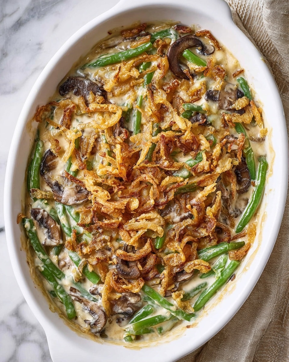 A close-up view of a creamy green bean casserole in a white bowl, showing three main layers: the bottom layer has tender green beans in a thick, light beige cream sauce with visible slices of soft brown mushrooms, the middle layer is the rich cream sauce holding everything together, and the top layer features a generous amount of crispy, golden-brown fried onions that add a crunchy texture. The steam rising from the hot casserole creates a warm, fresh-from-the-oven feel, and a spoon is scooping some of the dish from the right side. The dish rests on a white marbled surface. photo taken with an iphone --ar 4:5 --v 7