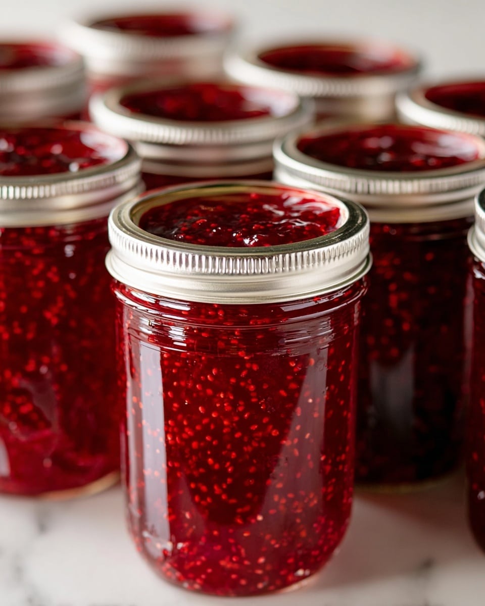 A close-up view of several glass jars filled with deep red raspberry jam, showing tiny raspberry seeds throughout the thick, glossy spread. The jars are topped with shiny silver metal lids and arranged closely together on a white marbled surface. The jam inside is rich and textured, with visible bits of fruit giving it a natural look. Photo taken with an iphone --ar 4:5 --v 7