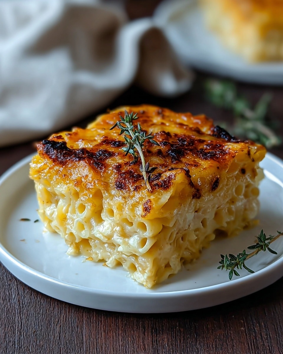 A square piece of macaroni and cheese is placed on a white plate, showing two visible layers of creamy, soft macaroni pasta mixed with melted cheese. The top layer is golden brown and crispy, with a lightly charred texture that adds contrast to the soft pasta beneath. A small sprig of fresh green thyme rests diagonally on top, adding a touch of color. The plate sits on a white marbled surface with a folded light beige cloth and a fork partially visible in the background. Photo taken with an iphone --ar 4:5 --v 7