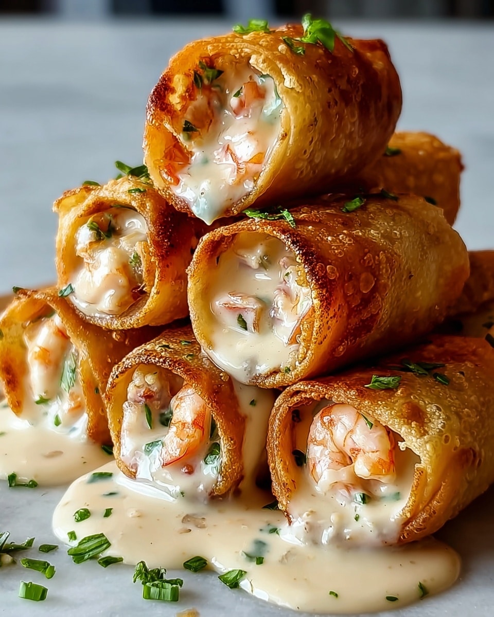 The image shows six golden-brown crispy rolled tubes stacked in a pyramid shape on a white plate. Each roll is filled with a creamy, slightly thick sauce containing whole shrimp pieces and small green herb leaves, visible at the open ends. The sauce is a pale beige color with a smooth texture, some dripping softly off the edges. The rolls' outer shells have a crunchy texture with slight browning and small bubbles. Green herb bits are scattered around the rolls on the plate. The background is a soft white marbled texture. Photo taken with an iphone --ar 4:5 --v 7