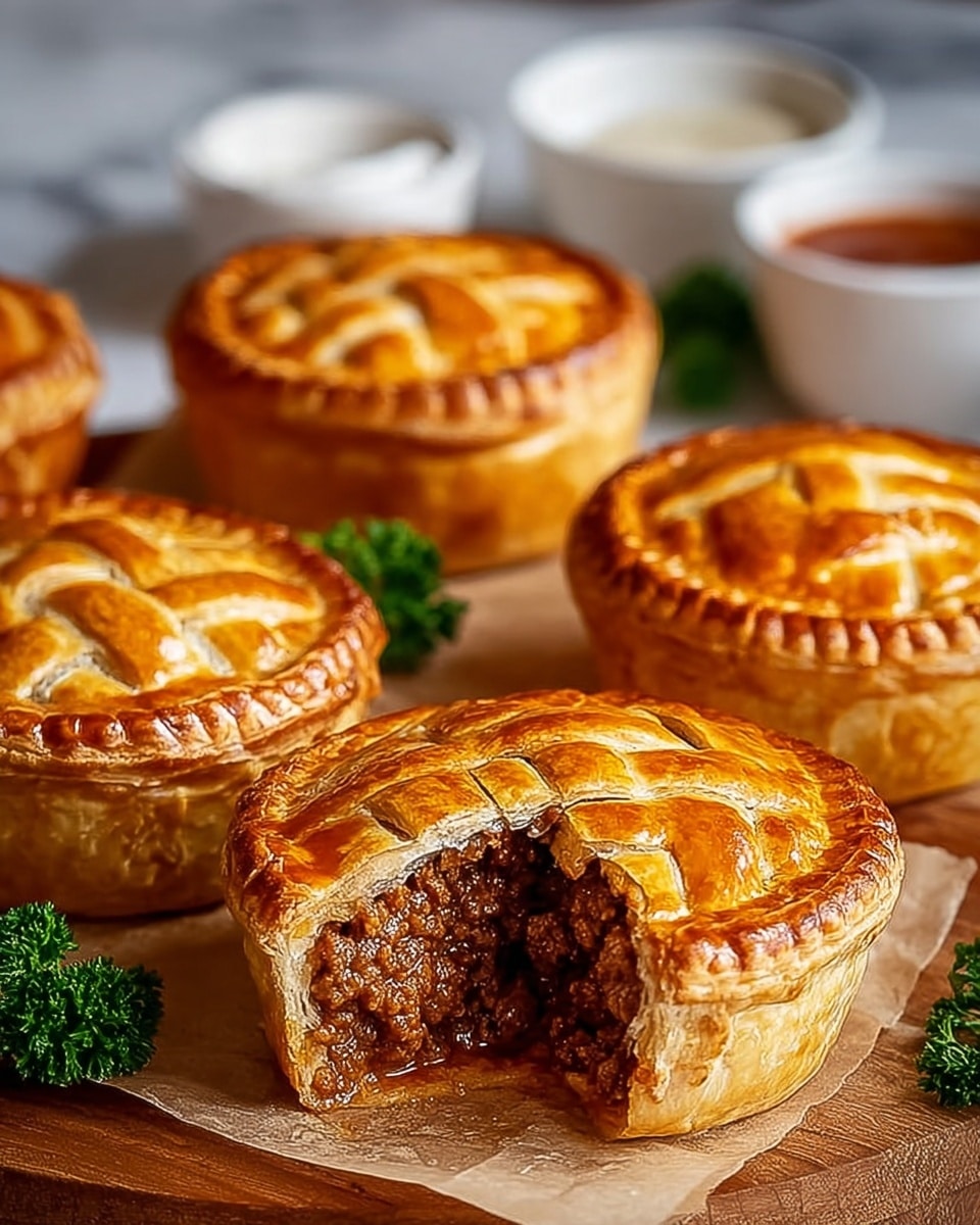 Seven round meat pies with shiny golden brown flaky crusts are arranged on a wooden board. Each pie has a neatly crimped edge and a smooth top crust, decorated with small cuts for ventilation. One pie is cut open, showing a thick, dark brown minced meat filling inside. In the background, blurred white bowls with sauces and a green herb garnish are visible. The surface beneath the board has a white marbled texture. photo taken with an iphone --ar 4:5 --v 7