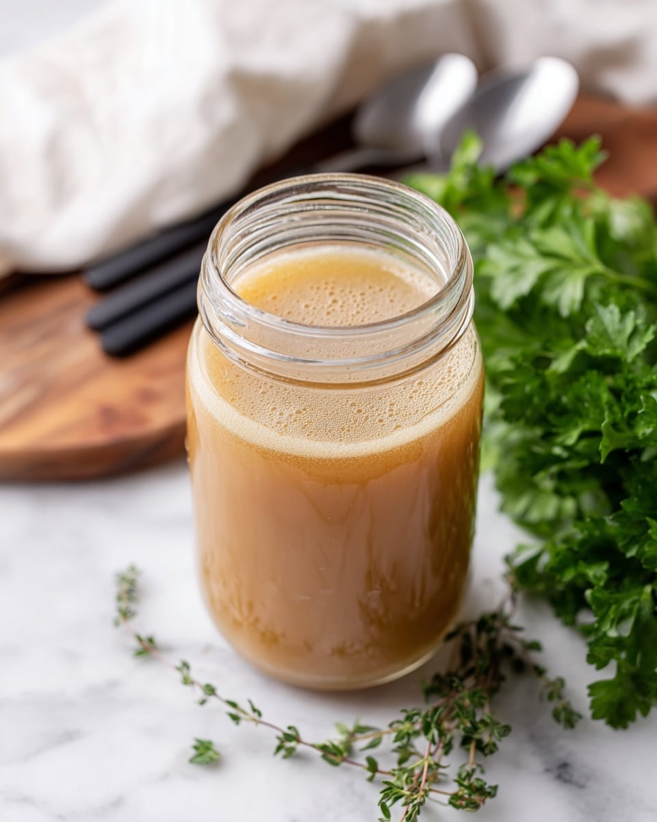 A clear glass jar filled with light brown, slightly thick liquid broth, showing some foam on the top layer. The jar stands on a white marbled surface with fresh green parsley leaves placed to the right and a small sprig of thyme lying in front on the surface. Slightly blurred in the background, there are black utensils and a white cloth with subtle stripes. Photo taken with an iphone --ar 4:5 --v 7