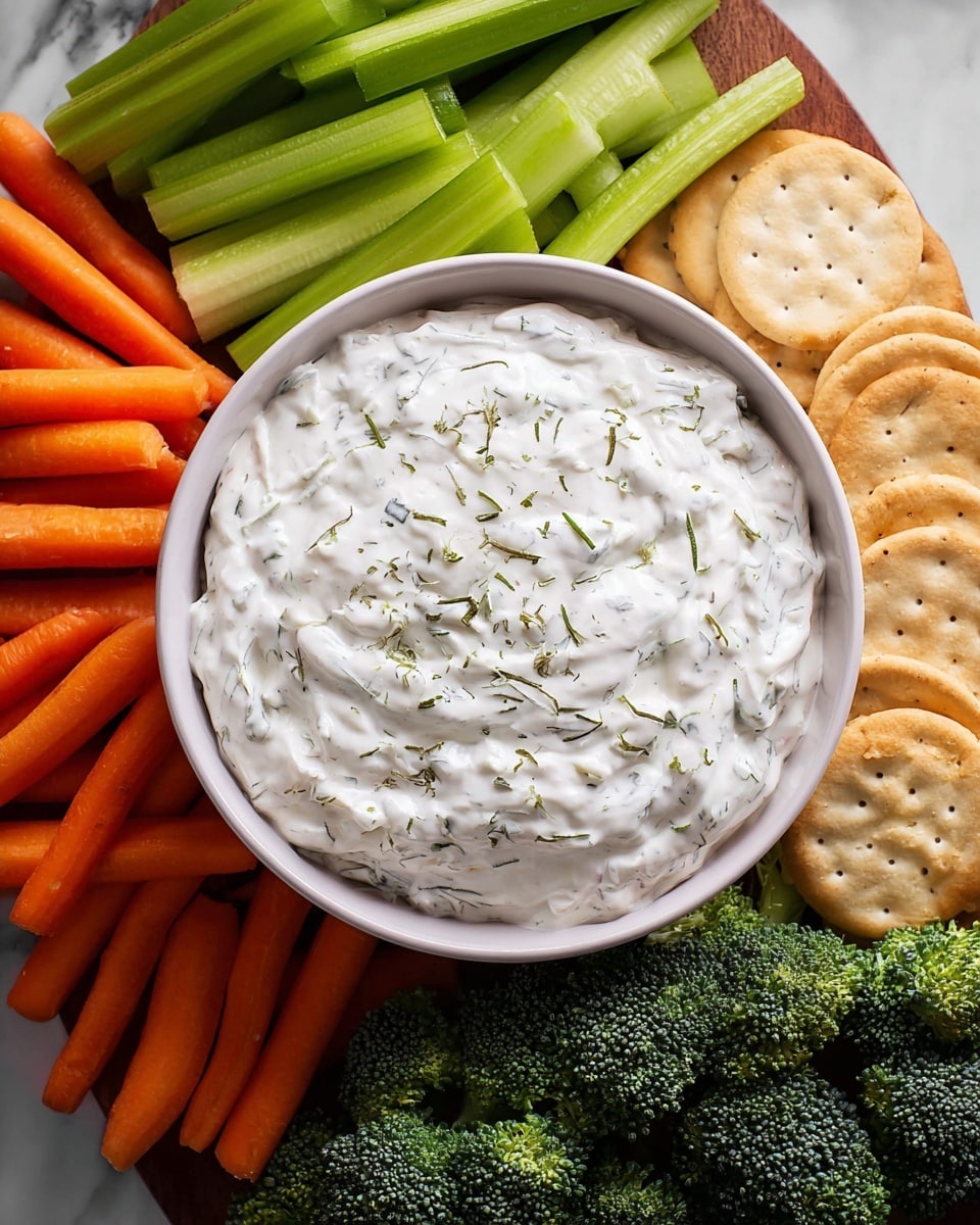 A white bowl filled with a creamy white dip sprinkled with small green herb pieces, placed at the center on a white marbled surface. Around the bowl, there are bright orange baby carrots on the left, fresh green celery sticks at the top, light tan round crackers to the right, and dark green broccoli florets at the bottom, creating a colorful and fresh variety around the bowl. The surface under everything is a smooth white marble texture. photo taken with an iphone --ar 4:5 --v 7
