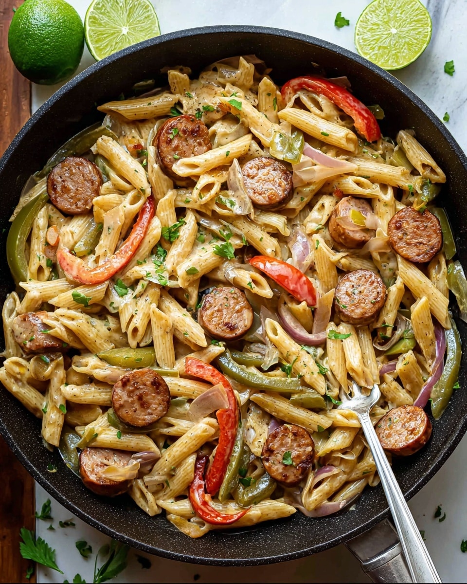 A bowl of creamy pasta with three main layers: the bottom layer is penne pasta coated in a smooth, light brown sauce, the middle layer has slices of sausage with a slightly browned surface placed randomly throughout, and the top layer shows strips of red and green bell peppers adding fresh color. Finely chopped green herbs are sprinkled over the dish. The bowl is white and sits on a white marbled surface. Photo taken with an iphone --ar 4:5 --v 7