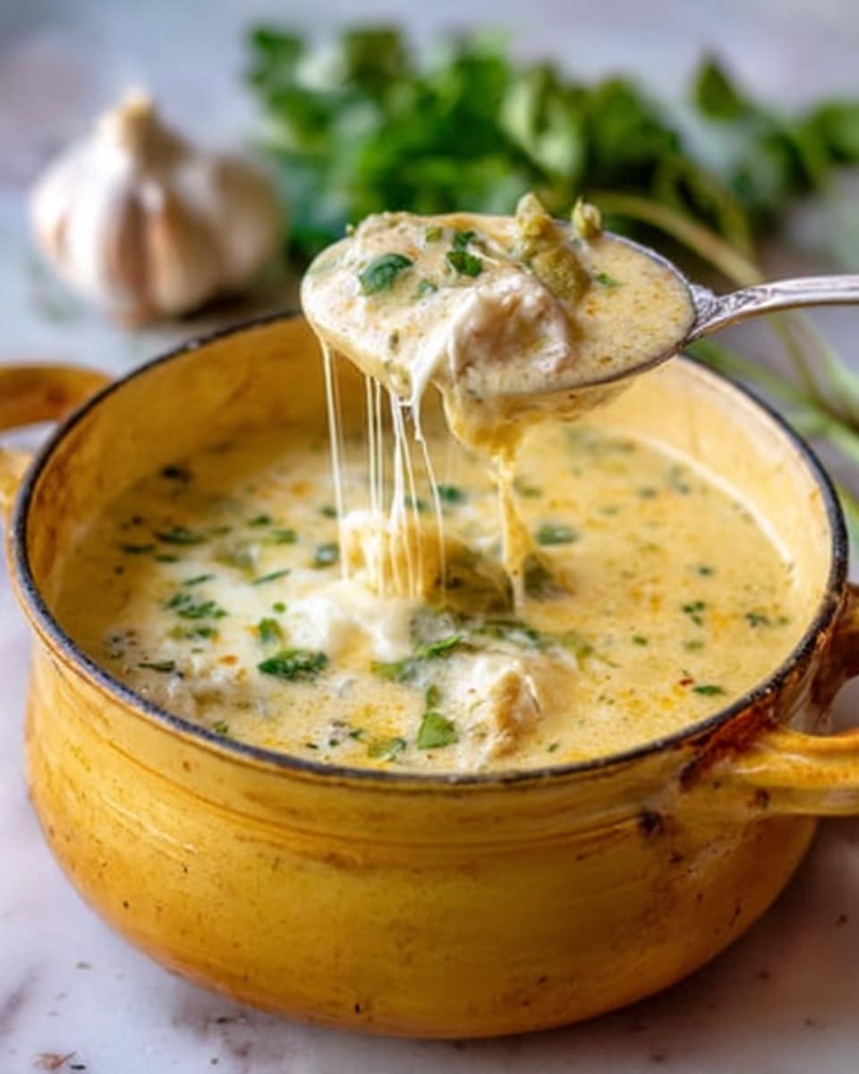 The image shows a yellow pot filled with creamy soup that has a mix of green herbs sprinkled on top. A silver spoon is lifting a portion of the soup, which is stretchy and filled with melted cheese, showing long cheese strands. The soup has a thick, smooth texture and light yellow color with green bits throughout. The pot sits on a white marbled surface with blurred green herbs in the background. A woman's hand holds the spoon gently lifting the soup. photo taken with an iphone --ar 4:5 --v 7
