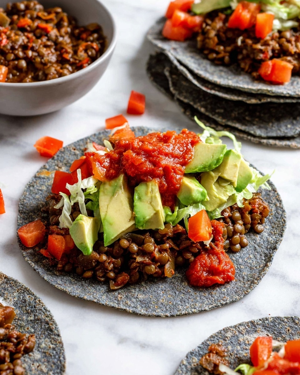 A single blue corn tortilla holds several layers, starting at the bottom with shredded light green lettuce, topped with a thick layer of brown lentil mixture with a slightly chunky texture. On top of the lentils, there are small red tomato pieces and large cubes of pale green avocado. The dish is finished with a drizzle of red salsa, adding a wet and shiny texture over the avocado and lentils. The setting is on a white marbled surface with scattered lentils and bits of lettuce around, hinting at a casual, fresh meal. photo taken with an iphone --ar 4:5 --v 7