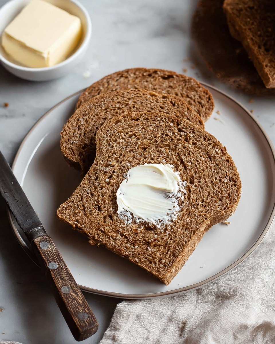 Three slices of brown bread with a coarse texture are stacked slightly overlapping on a white plate. The front slice has a spread of white butter in the center, lightly melting into the bread. A vintage knife with a wooden handle lies next to the plate, and a small white bowl with a block of butter sits nearby. The scene is set on a white marbled surface with a soft cloth corner at the bottom right. Photo taken with an iphone --ar 4:5 --v 7