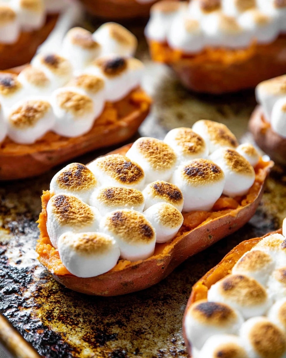 The image shows several small orange sweet potatoes cut in half, arranged on a baking tray with a blackened, textured surface. Each sweet potato half is topped with a thick layer of melted, slightly browned mini marshmallows in a roughly 3-by-5 grid, creating a puffy, soft, and toasted white topping with golden brown spots. The sweet potato base beneath the marshmallows is smooth and creamy with an orange tone. The close-up shot highlights the contrast between the fluffy, browned marshmallows and the soft orange sweet potatoes beneath. photo taken with an iphone --ar 4:5 --v 7