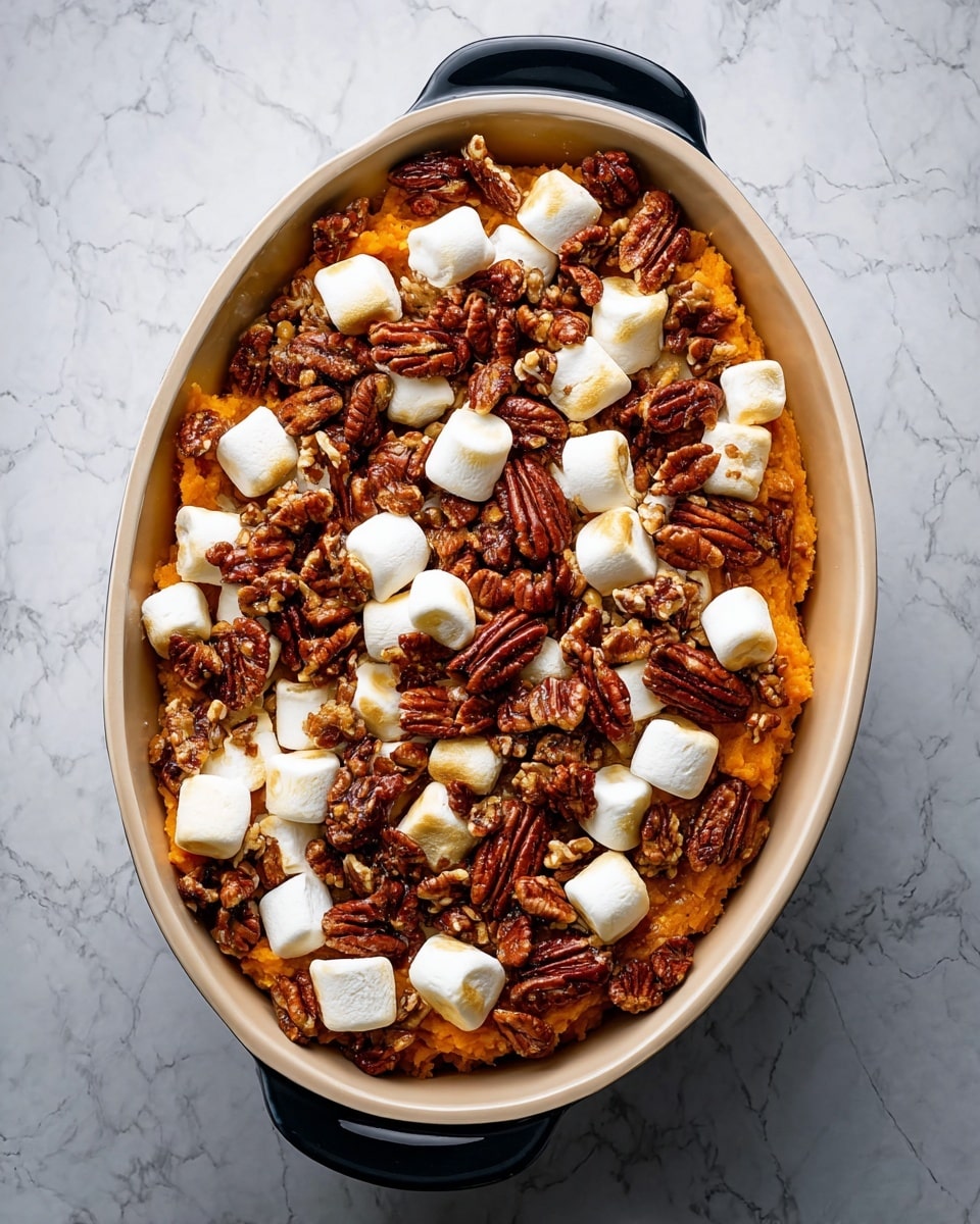 The dish is in an oval pan with a black handle and a white inside surface. It has three main layers: the bottom layer is soft orange sweet potatoes mixed with a few dark bits, the middle layer is melted golden brown marshmallows that look sticky and gooey, and the top layer is scattered brown pecans that add a crunchy texture. A gold spoon is partially buried in the dish on the right side, pushing some marshmallows and pecans aside to show the sweet potatoes underneath. The background is a white marbled surface with some rosemary sprigs and white cloth nearby. Photo taken with an iphone --ar 4:5 --v 7