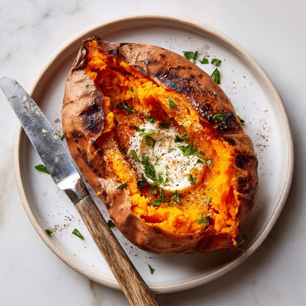 A close-up of a baked sweet potato cut open with a rustic brown skin that looks slightly wrinkled and charred in spots. Inside, the bright orange flesh is fluffed and mashed, with a small pat of butter melting on top. Small green herb leaves are sprinkled over the potato for a fresh touch. The potato pieces are placed on a wooden surface with a sprig of green parsley in the foreground. The texture of the sweet potato looks soft and moist. photo taken with an iphone --ar 4:5 --v 7