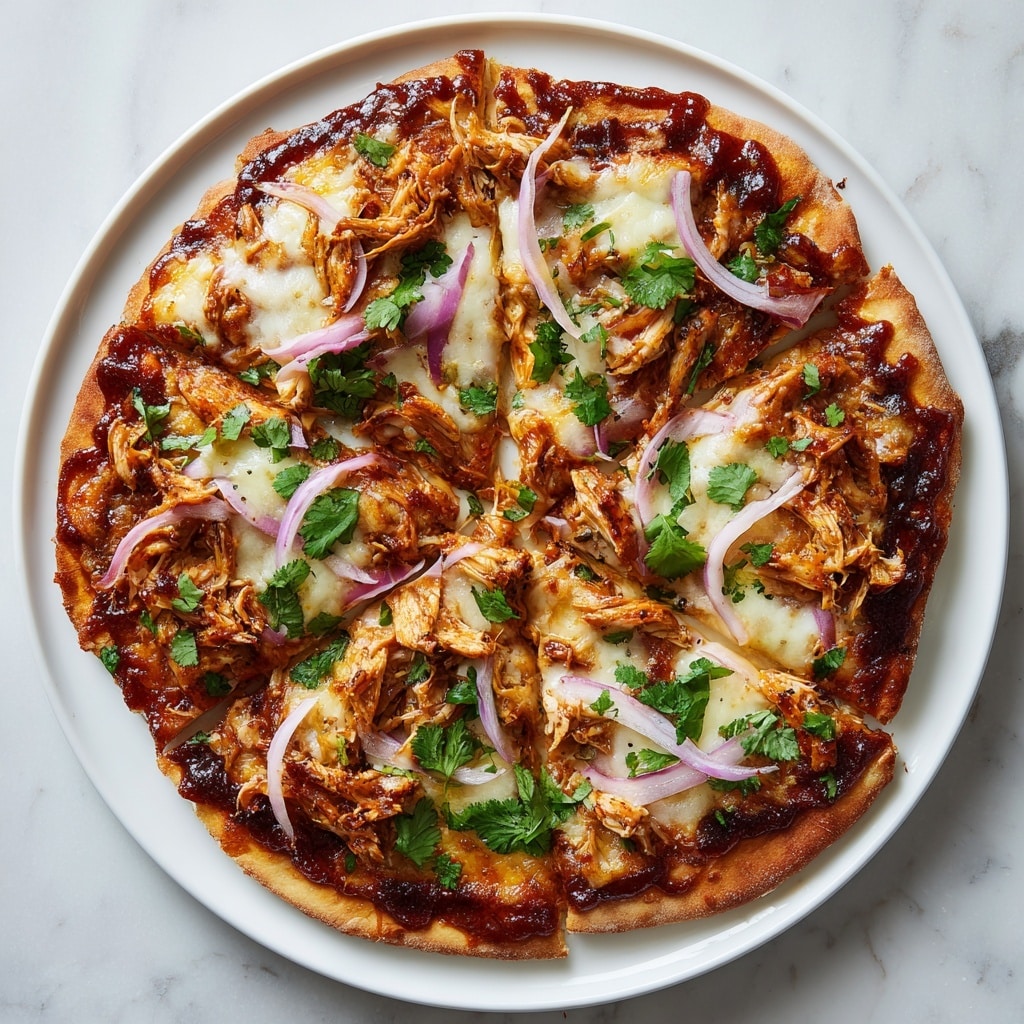 A pizza cut into slices sits on a white plate over a white marbled surface. The crust is golden brown and thin. The first layer is a reddish-brown barbecue sauce covering the crust. On top of that is a melted mix of white and light yellow cheese spread evenly. There are shredded pieces of cooked chicken in light brown scattered across the pizza. Thin rings of purple-red onion are spread on the cheese, along with fresh green cilantro leaves sprinkled liberally. Photo taken with an iphone --ar 4:5 --v 7
