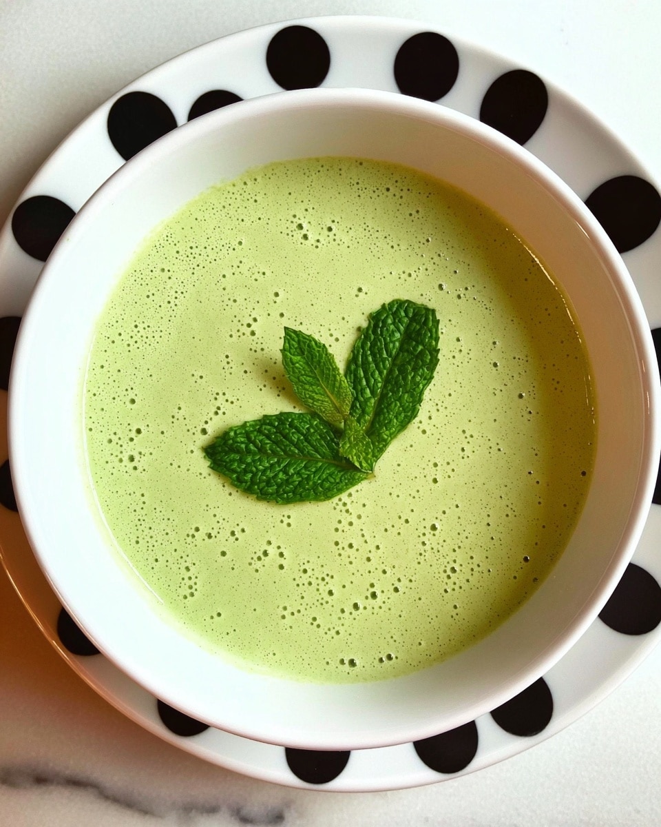 A white bowl filled with a smooth, light green soup that has tiny bubbles spread evenly across the surface. In the center of the soup, there is a small cluster of fresh, bright green mint leaves arranged neatly as a garnish. The bowl is on a white marbled texture, with part of a white plate with large black dots visible underneath. photo taken with an iphone --ar 4:5 --v 7