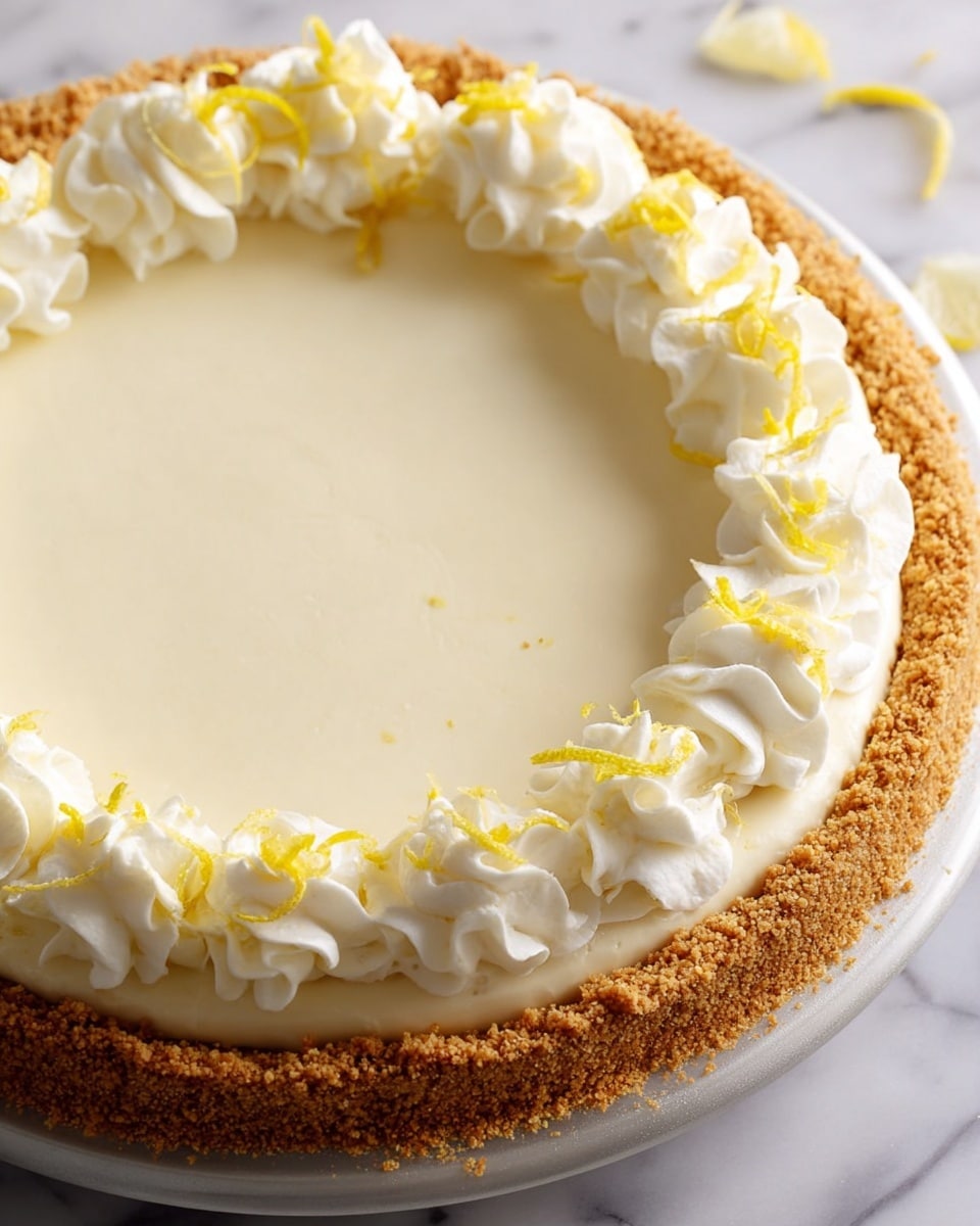 A creamy lemon pie with three clear layers: a golden-brown crumb crust at the bottom, a smooth pale yellow lemon filling in the middle, and a thick border of soft white whipped cream swirled decoratively around the edge. Small bright yellow lemon zest curls are scattered lightly over the whipped cream for a fresh touch. The pie is in a clear glass dish placed on a white marbled textured surface. photo taken with an iphone --ar 4:5 --v 7