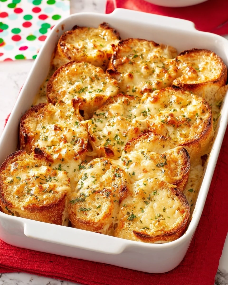The image shows a white rectangular baking dish filled with a baked dish made of round bread slices arranged in two rows, with each slice topped with melted, golden brown cheese and herbs. The bread slices have a toasted texture, with some cheese browned and slightly crispy on top. The background features a white marbled texture with a red napkin under the baking dish and a white cup with a red and white saucer nearby. photo taken with an iphone --ar 4:5 --v 7