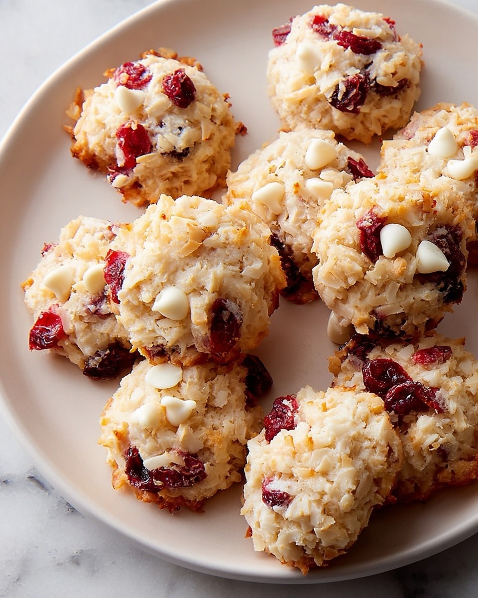 The image shows a white plate filled with round, rough-textured coconut cookies mixed with bright red dried cranberries and small white chocolate chips, giving a mix of white and red colors with some light golden brown edges from baking. Each cookie looks dense and chewy, with strands of shredded coconut visible throughout, clustered in small mounds covering the plate. The plate sits on a white marbled surface. photo taken with an iphone --ar 4:5 --v 7