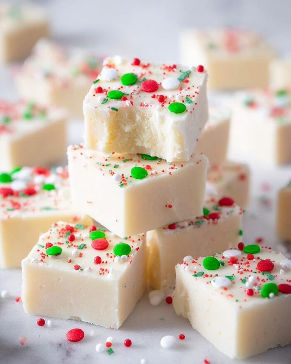 The image shows several square pieces of soft white fudge stacked and scattered on a white marbled surface. The fudge pieces have a smooth, creamy texture with a single layer each, topped with small red, green, and white round sprinkles. One piece at the top of a stack has a bite taken from one corner, revealing the inside's fluffy texture. The overall scene is bright and festive, with the colorful sprinkles adding a playful touch. photo taken with an iphone --ar 4:5 --v 7