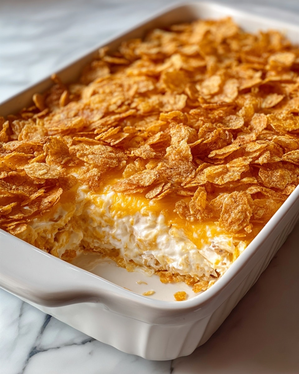 A white rectangular baking dish holds a creamy, three-layer casserole. The bottom layer is a soft white mixture, likely shredded chicken in a creamy sauce. Above that is a smooth, thick cheesy middle layer in a rich pale yellow color. The top layer is golden and crispy with broken corn flakes scattered across the surface, giving it a crunchy texture. Part of the casserole is scooped out, revealing the layers inside. The dish sits on a white marbled surface. photo taken with an iphone --ar 4:5 --v 7
