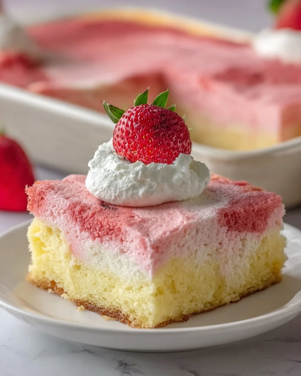 The image shows a square piece of layered cake on a white plate with a white marbled surface beneath. The cake has two layers: the bottom layer is a light, creamy beige with a soft texture, and the top layer is pink with a slightly rough, moist texture, indicating the presence of fruit or flavoring. On top of the cake slice, there is a dollop of white whipped cream, crowned with a fresh, whole strawberry that is bright red with green leaves. In the background, a glass baking dish containing the remaining cake is visible, showing the same two layers. photo taken with an iphone --ar 4:5 --v 7