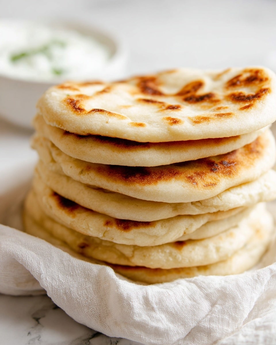 A tall stack of six soft flatbreads sits directly on a white cloth with a slightly rough texture. Each flatbread has a light golden brown color with some darker toasted spots, showing a soft and fluffy texture with slightly uneven edges. The top flatbread is curved, revealing the thick, pillowy layers beneath. In the soft-focused background, there is a white bowl with a white sauce that has small green herbs. The setting rests on a white marbled surface. photo taken with an iphone --ar 4:5 --v 7