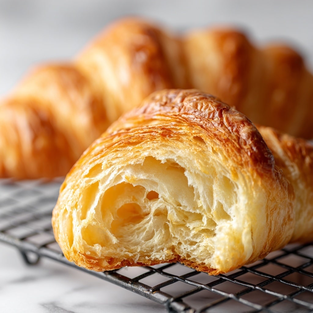 A close-up image of two croissants on a black cooling rack set over a white marbled surface, with one croissant in the foreground blurred and the other croissant in sharp focus behind it. The focused croissant is partly torn open, showing delicate, airy, and flaky layers inside that are pale yellow and soft in texture. The outer crust is golden brown with a shiny, crispy, and slightly cracked surface formed by multiple thin, crispy layers. photo taken with an iphone --ar 4:5 --v 7