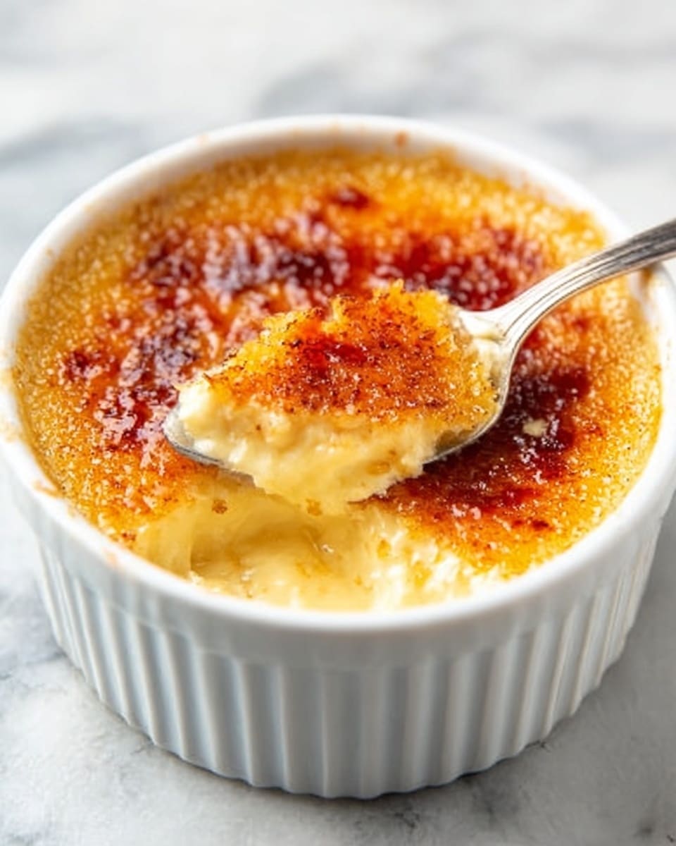 A small white ramekin filled with creamy pale yellow custard topped by a thin, shiny, caramelized golden brown sugar crust that has been partially broken with a spoon; the spoon is silver and positioned to the right side, lifting a piece of the crunchy, textured caramel layer revealing the smooth custard underneath; two more ramekins with similar caramel tops are softly blurred in the white marbled background. photo taken with an iphone --ar 4:5 --v 7