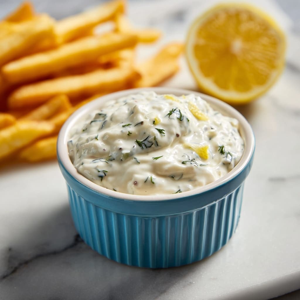 A small blue ribbed ramekin is overflowing with thick, creamy tartar sauce that has a white base with small dark green herb pieces mixed throughout, giving it a chunky texture. Behind it, there is a blurred wedge of bright yellow lemon and a few thick golden french fries resting on a white marbled surface. The sauce looks rich and smooth, piled high just above the rim of the ramekin. Photo taken with an iphone --ar 4:5 --v 7