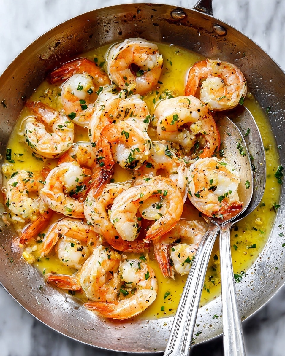 The image shows a close-up view of cooked shrimp in a silver pan. The shrimp are pinkish-orange with white parts, arranged in a loose, uneven layer. They are covered with a glossy, golden yellow sauce that has a smooth, oily texture, and sprinkled with small green herb pieces and black pepper. The shrimp tails are mostly intact and pointing outward. A silver spoon rests on the right side of the pan, partially submerging some shrimp in the sauce. The background is a white marbled texture. photo taken with an iphone --ar 4:5 --v 7