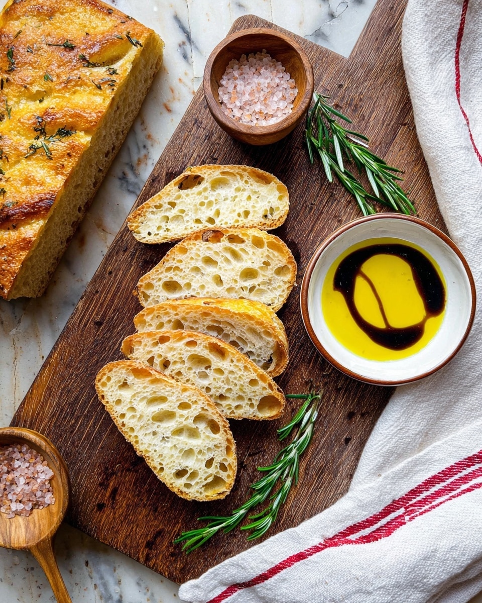 The image shows five long, thin slices of toasted bread with a golden-brown crust and airy texture, arranged in a slightly overlapping fan shape on a wooden cutting board. To the right of the bread is a small white bowl with a striped edge filled with yellow olive oil, with a splash of dark balsamic vinegar sprinkled on top, and a green sprig of rosemary placed next to it. On the left side, there is a small wooden bowl with pink salt and a tiny wooden spoon resting inside. Part of a thick piece of golden-brown focaccia bread with a slightly rough texture and rosemary sprigs is visible at the bottom left corner. A white cloth with red stripes lies on a white marbled surface in the background. Photo taken with an iphone --ar 4:5 --v 7