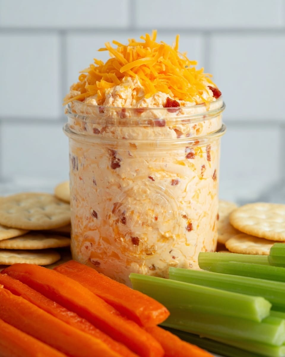 A clear glass jar filled with three thick layers of creamy orange pimento cheese mixed with small red bits, topped with a small pile of shredded sharp cheddar cheese. The jar sits on a white marbled surface surrounded by fresh green celery sticks, bright orange carrot sticks, and round pale crackers neatly stacked on each side. The background is clean and simple, showing white tiles. photo taken with an iphone --ar 4:5 --v 7