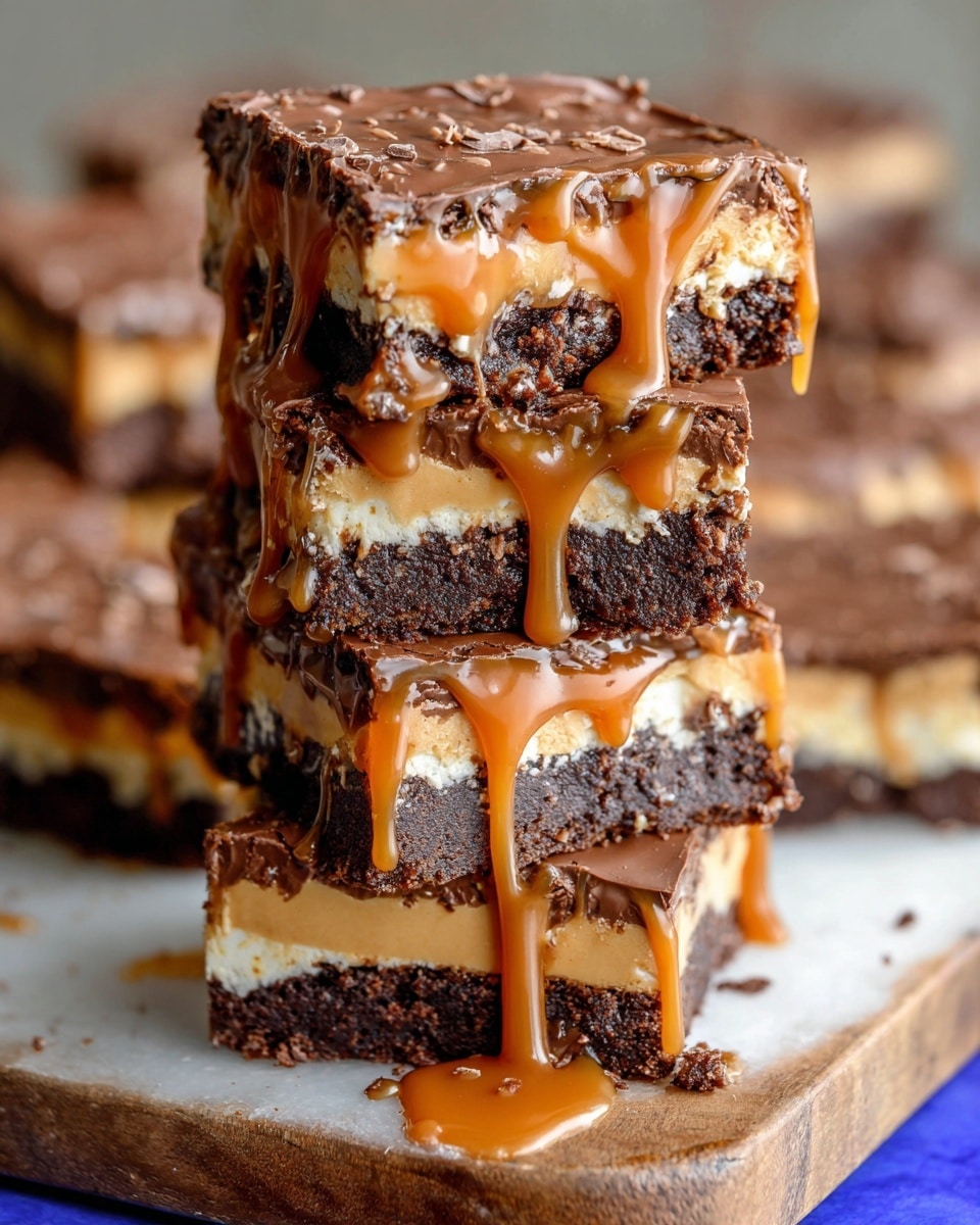 A stack of five square dessert bars with four visible layers; the top layer is a smooth, shiny chocolate with a slightly wrinkled texture; beneath it is a light beige caramel layer that drips down the sides in thick drops; below the caramel is a creamy white layer, and the bottom layer is a dark, crumbly chocolate crust. The bars are stacked on a wooden board placed on a white marbled surface, with a blurred background that includes some blue accents. photo taken with an iphone --ar 4:5 --v 7