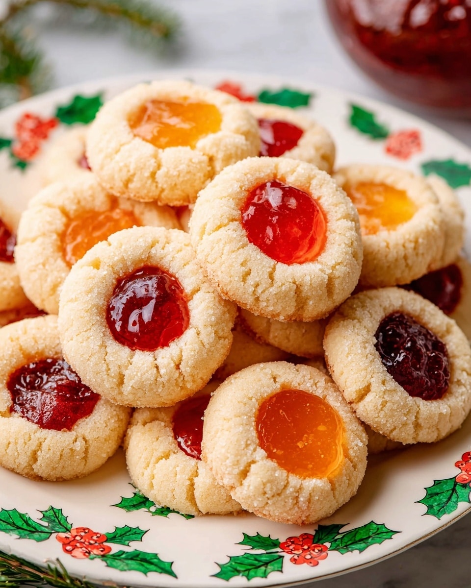 A white round plate with green holly leaves and red berries on the rim holds a pile of soft, round thumbprint cookies. Each cookie has a pale beige, crumbly dough base with a smooth, glossy jam filling in the center, alternating between bright orange and deep red colors. The cookies are slightly stacked, showing their thick, soft texture and soft edges. The whole plate sits on a white marbled texture surface. photo taken with an iphone --ar 4:5 --v 7