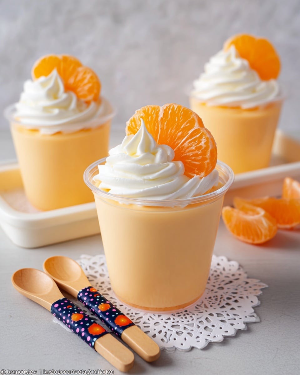 This image shows three clear cups filled with three layers: a smooth, light orange creamy base, a thick white whipped cream layer on top swirled in a spiral shape, and finally a shiny orange mandarin slice placed on the whipped cream at the very top center. The cup in the front sits on a white lace doily placed on a white marbled surface, with two wooden spoons wrapped in dark blue and orange polka dot tape lying nearby. The background has a soft, light gray texture with two more identical cups positioned slightly blurred behind the front one. photo taken with an iphone --ar 4:5 --v 7