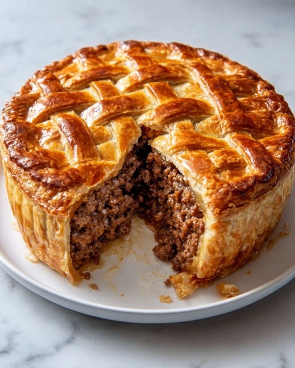 The image shows a close-up of a meat pie slice placed on a white plate with a speckled texture. The pie has two layers of golden, flaky crust with a shiny surface, sandwiching a thick, rich brown filling made of minced meat and translucent cooked onions. A glossy, light brown gravy is generously poured over the top crust, slightly dripping down the sides and pooling at the base. To the right of the pie slice, there is a small heap of bright green peas with a smooth, round texture. Behind the pie, thick-cut golden potato wedges with a crispy appearance and light seasoning are arranged in a loose pile. The plate is set on a white marbled surface. photo taken with an iphone --ar 4:5 --v 7