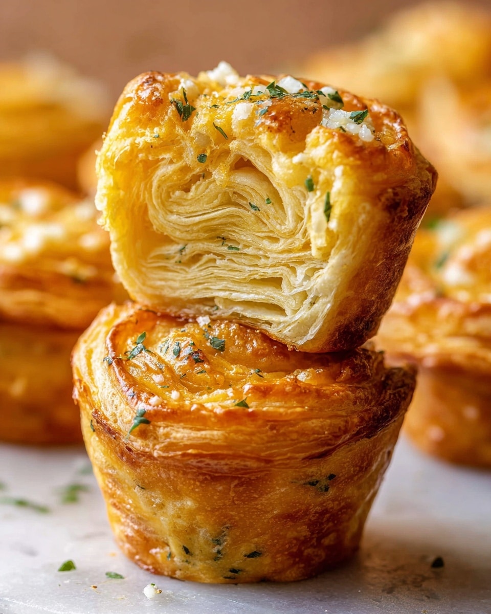 A wooden box lined with light brown parchment paper holds several golden, spiral-shaped pastries. Each pastry shows many thin, flaky layers stacked into a round swirl with a crisp, slightly browned outer texture. Small bits of chopped green herbs and white garlic pieces are sprinkled over the top, adding color and a fresh look. The background is a white marbled surface, and a small cup with a green sauce is seen blurred in the back corner. photo taken with an iphone --ar 4:5 --v 7