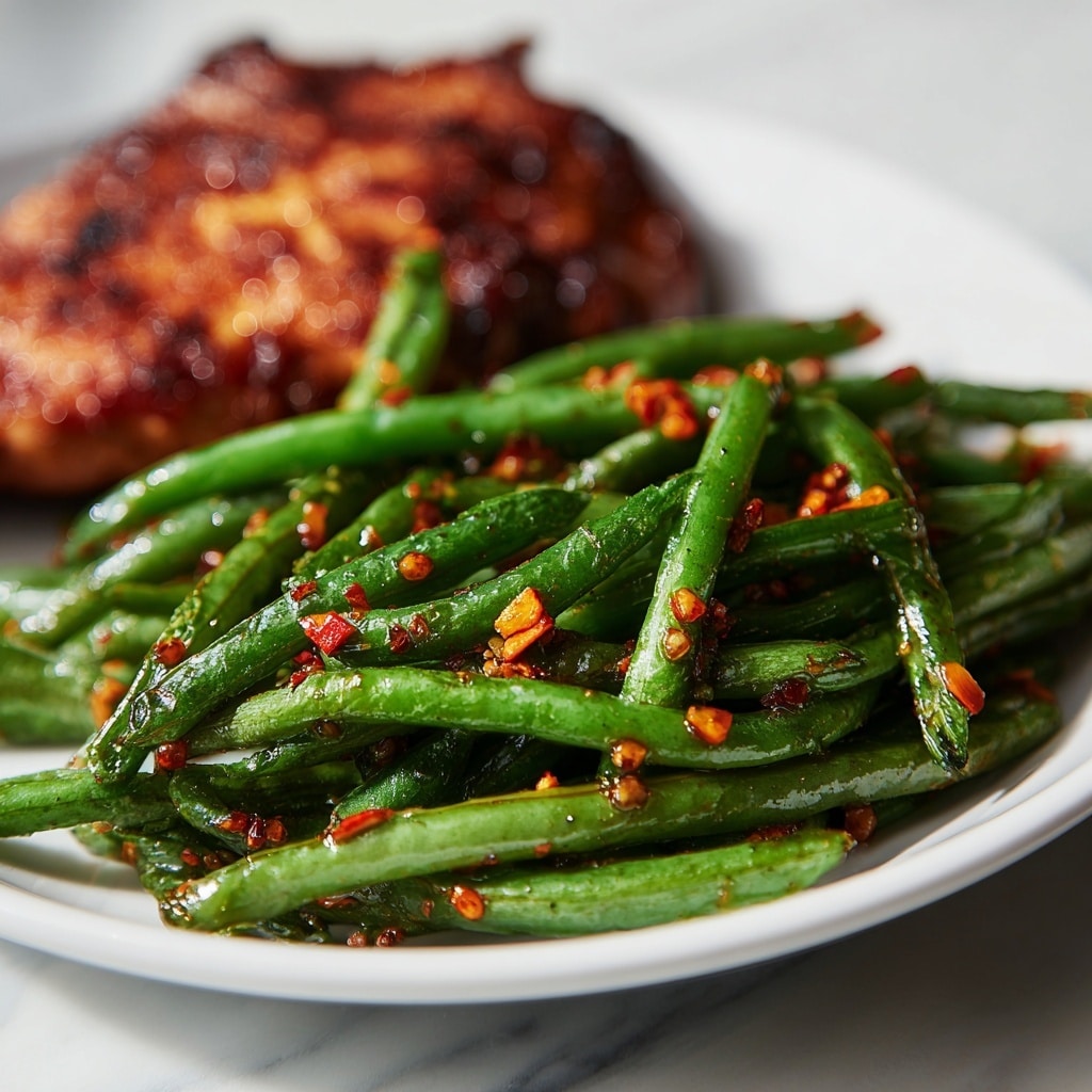 A close-up view of a white plate with two main layers of food: the front layer shows glistening green beans cooked with small bits of orange-red seasoning, giving a textured look to the beans, which are shiny and slightly oily. Behind the green beans, there is a thicker, browned piece of grilled or fried chicken with a crispy texture visible on the surface. The plate is set against a white marbled texture background. photo taken with an iphone --ar 4:5 --v 7