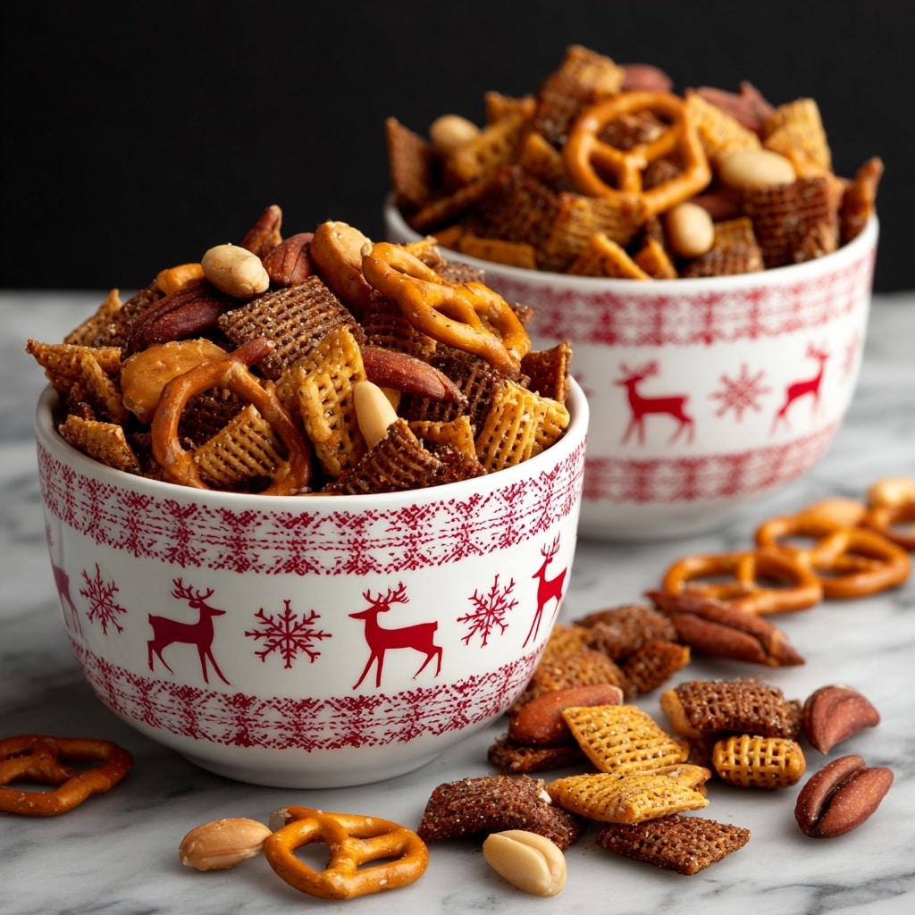 A large red bowl with white snowflake patterns is filled to the top with a snack mix, lined with white wax paper. The mix has three visible layers: crunchy reddish-brown pretzel rings on the top, square-shaped orange cheese crackers scattered throughout, and small pieces of dark brown seasoned cereal squares mixed evenly, along with light tan nuts dispersed across the mix. Some snack pieces are spilled around the base of the bowl on a white marbled surface. Smaller white bowls with red holiday patterns partly frame the main bowl from the sides. Photo taken with an iphone --ar 4:5 --v 7