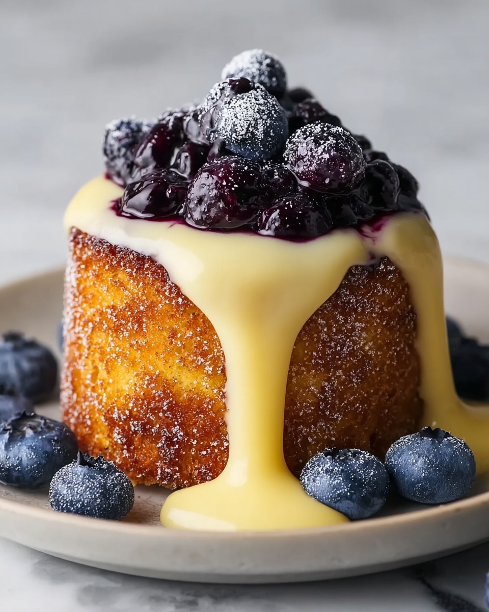 A small round cake with a golden brown textured surface is placed on a white plate against a white marbled background. A thick, smooth pale yellow sauce flows down the sides of the cake in one large drip from the top. On top of the cake, there is a layer of shiny, dark purple blueberry sauce mixed with whole blueberries, some with a frosty look. More fresh blueberries are scattered around the base of the cake, partially soaking in the sauce. photo taken with an iphone --ar 4:5 --v 7