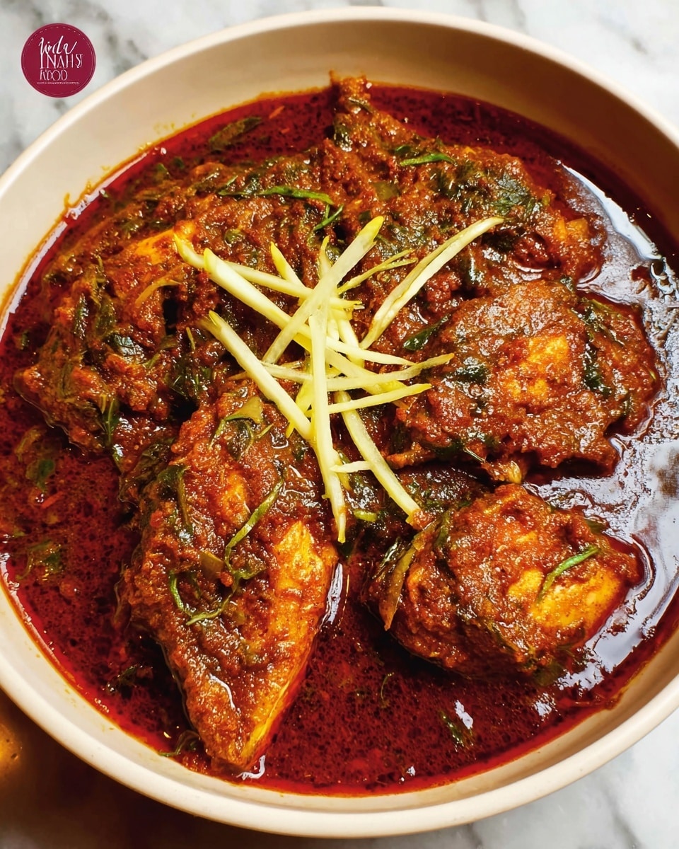 The image shows a round black bowl filled with a rich fish curry. The dish has several pieces of fish coated in thick, dark red-brown sauce with visible green herbs mixed throughout, giving a leafy texture. On top of the fish curry, there is a small pile of thin, light yellow ginger strips arranged in the center. The bowl sits on a wooden surface. The curry looks moist and oily, with a deep reddish oil pooling around the edges. photo taken with an iphone --ar 4:5 --v 7