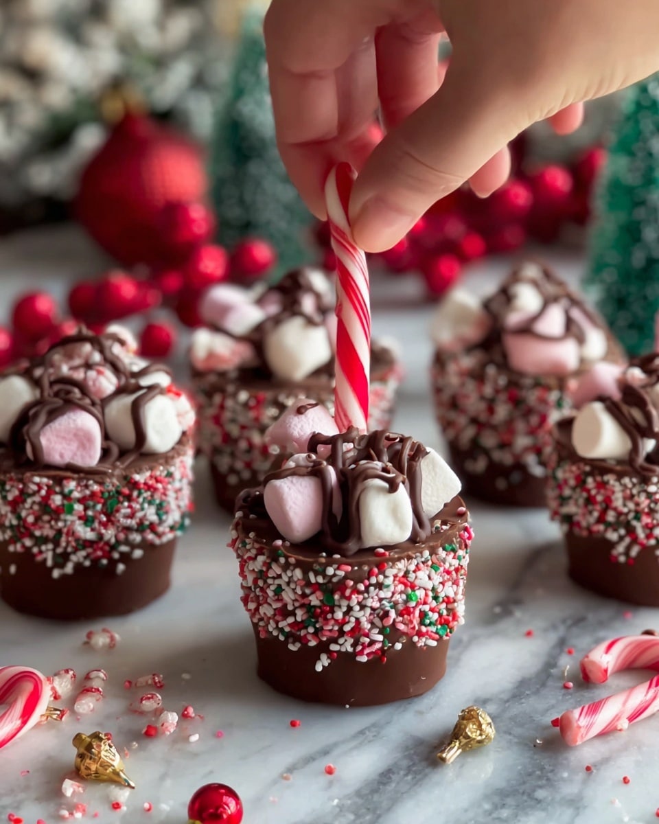 The image shows several small cups made of chocolate, each decorated with festive sprinkles covering the bottom half outside. On top, the cups are filled with white and pink mini marshmallows, drizzled with dark brown chocolate. A red and white striped candy cane stands upright in the center of each cup. A woman's hand is holding the candy cane of the closest cup. The cups sit on a white marbled surface scattered with small red and gold Christmas ornaments and broken candy cane pieces. In the background, blurred festive decorations like a small Christmas tree and a red ornament add to the holiday feel. photo taken with an iphone --ar 4:5 --v 7