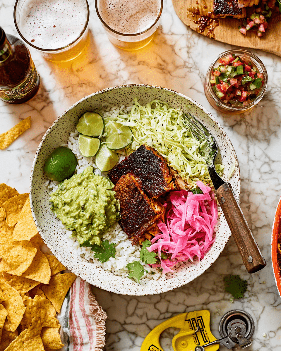 A white speckled bowl contains a layered meal with four main parts: white rice on the bottom left topped with green guacamole, a piece of dark brown, grilled fish with a crispy texture on the bottom right, bright pink pickled onions on the top right, and shredded pale green cabbage on the top left. There are also fresh green lime wedges and a small amount of red, white, and green pico de gallo salsa beside the fish. A silver fork with a wooden handle rests on the bowl's edge. Around the bowl, tortilla chips, a yellow bottle opener, and two partially filled glasses of beer with frothy heads are on a white marbled surface. The setting gives a casual, fresh, and colorful meal vibe. Photo taken with an iphone --ar 4:5 --v 7
