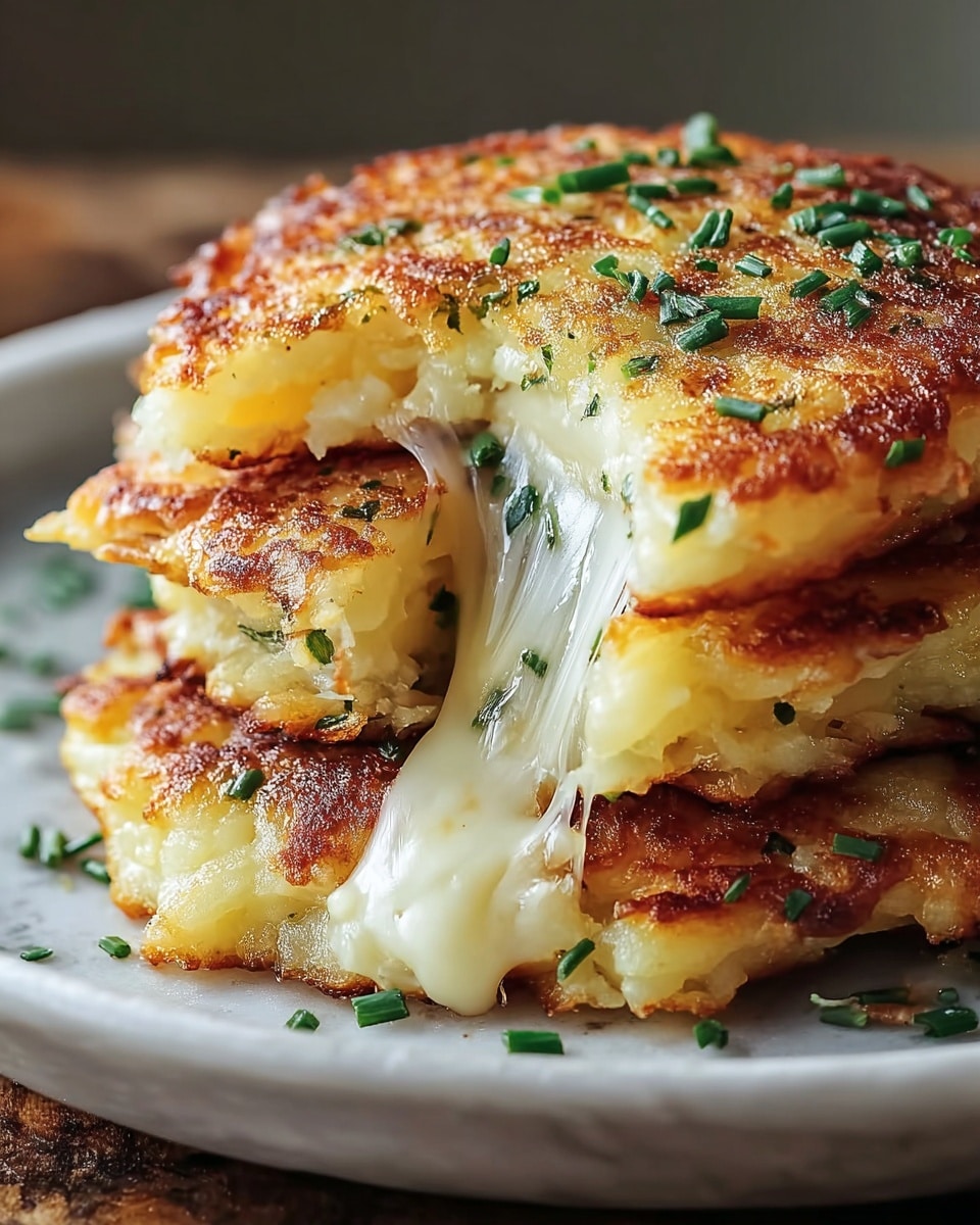 A close-up of three golden-brown cheese and chive potato pancakes stacked on a plate, showing a crispy, textured top layer with green chive pieces sprinkled over it. The middle pancake is broken slightly, revealing gooey, melted white cheese stretching from the inside. The crispy edges and soft inside with visible tiny potato strands create a contrast in texture. The plate is white, placed on a white marbled surface. photo taken with an iphone --ar 4:5 --v 7