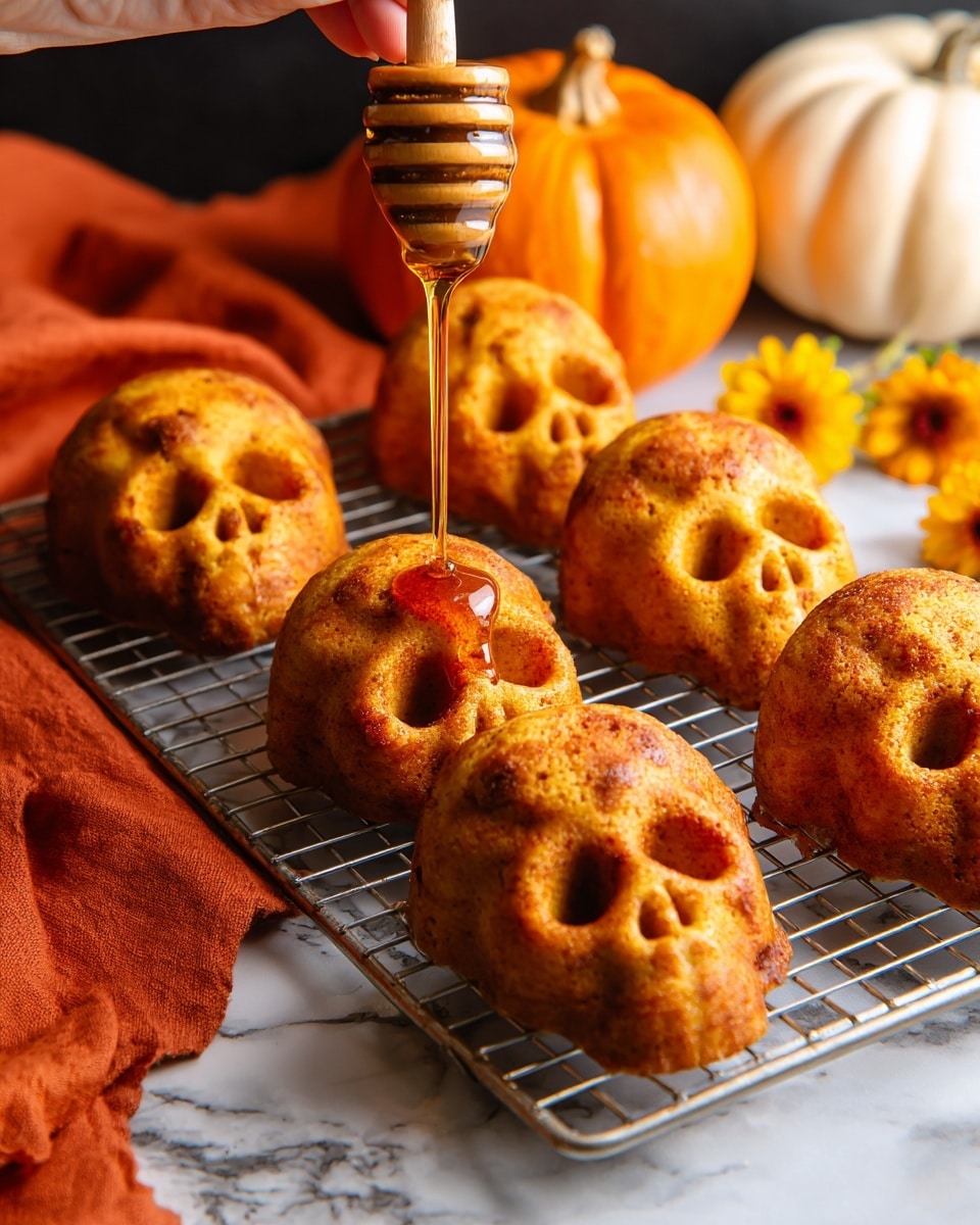 The image shows a group of golden brown skull-shaped cakes arranged on a metal cooling rack. Each cake has a detailed texture that mimics the contours of a skull, with darker golden spots highlighting the baked surface creating a slightly crispy look. A woman's hand is holding a wooden honey dipper, dripping honey over one of the cakes, giving a shiny, sticky layer on top. In the background, there are small orange and white pumpkins with some yellow flowers placed on a white marbled surface, adding a cozy autumn feel. A warm orange cloth is casually spread nearby, enhancing the fall theme. photo taken with an iphone --ar 4:5 --v 7