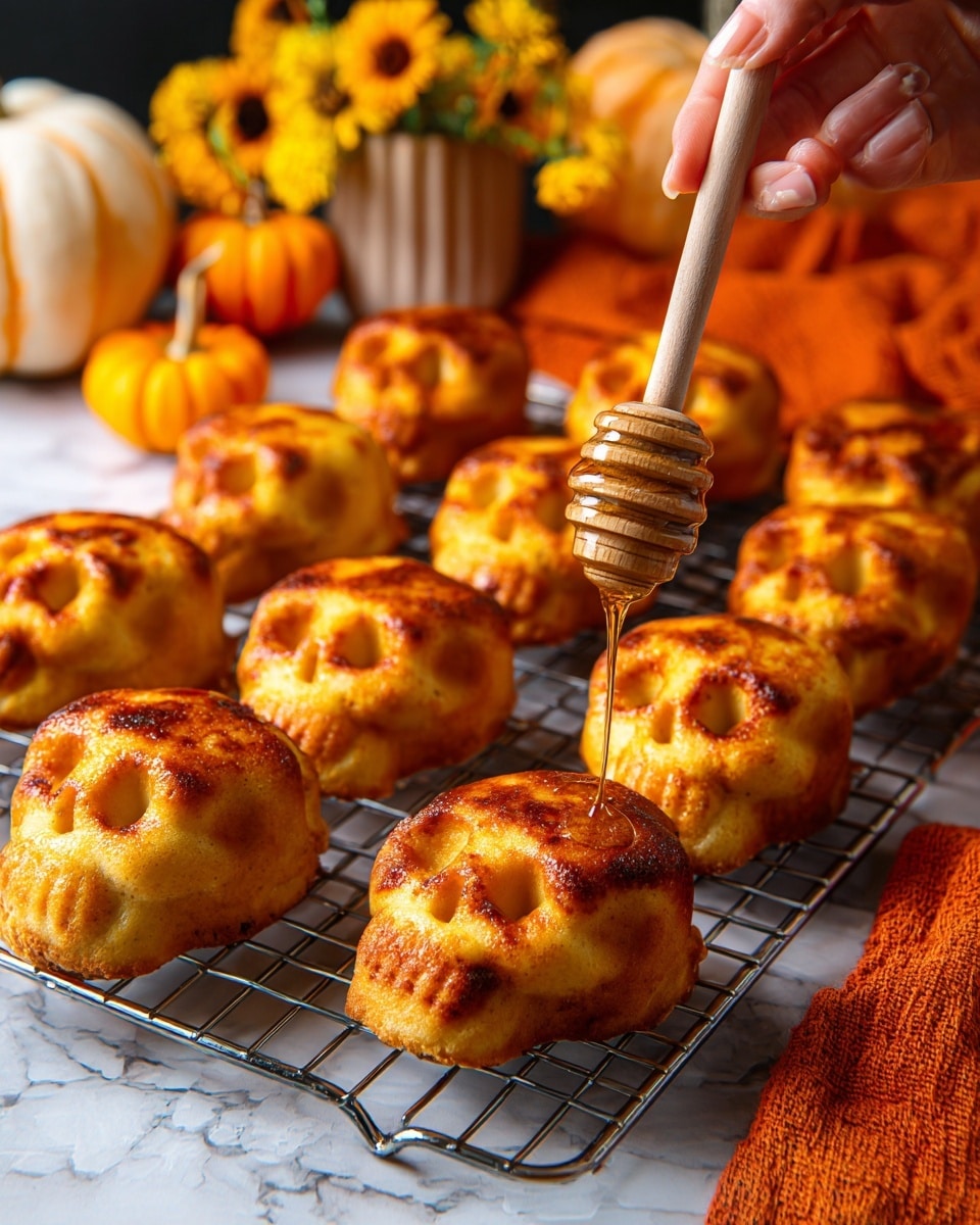 The image shows several golden brown skull-shaped cakes with a slightly crispy texture on a silver cooling rack. The skulls have detailed indentations for eye sockets, nose, and mouth that give a realistic 3D skull look. A woman's hand holds a wooden honey dipper above one cake, dripping shiny honey onto it. In the background, there are two pumpkins, one orange and one white, along with some small yellow flowers and an orange cloth, all set on a white marbled surface that contrasts with the warm colors of the cakes. photo taken with an iphone --ar 4:5 --v 7