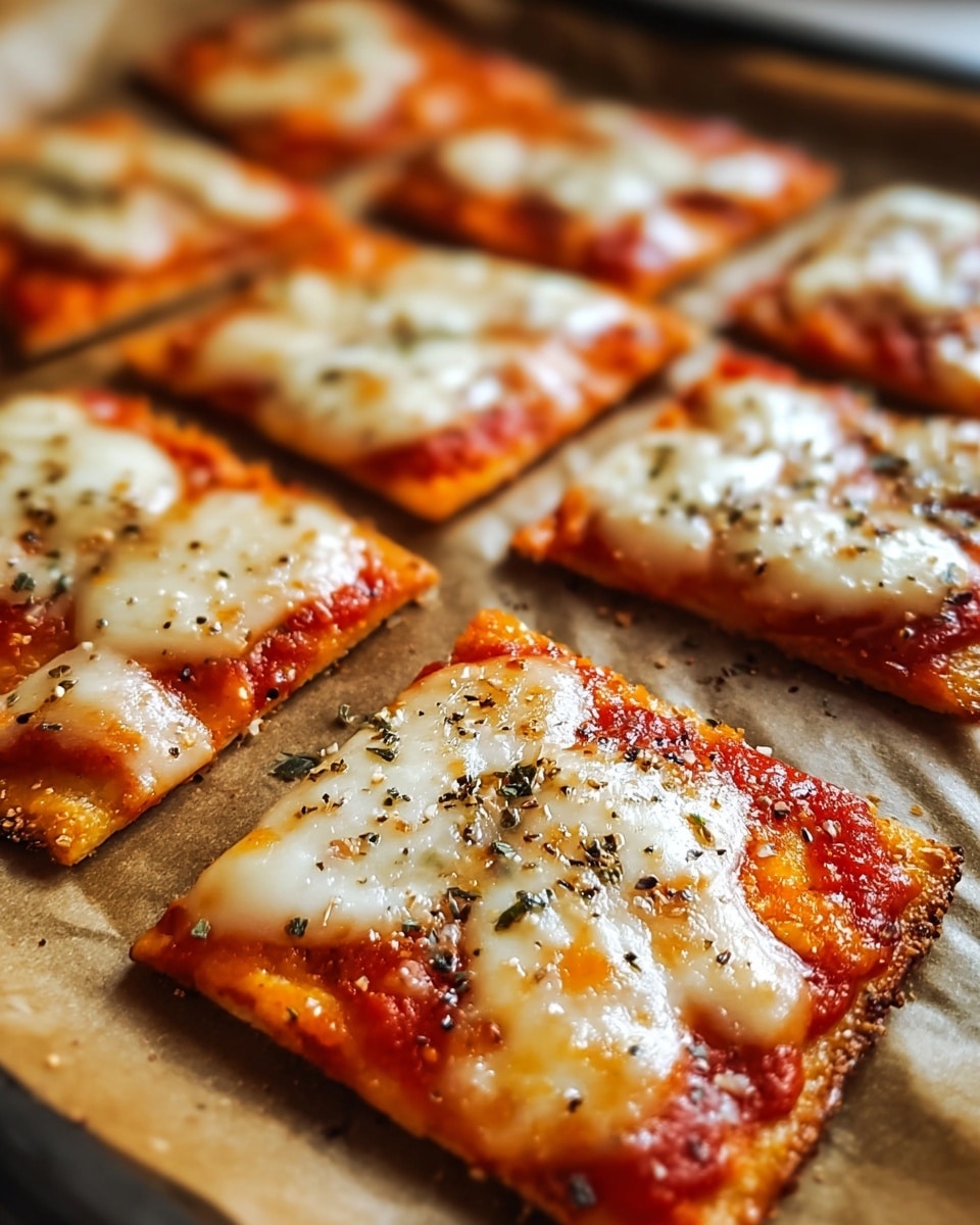 This image shows a close-up view of several small square and triangular pizza slices arranged on brown parchment paper inside a baking tray. Each slice has two main layers: a thin crust base in a light golden brown color, topped with a layer of melted mozzarella cheese that is creamy white with bubbly, slightly browned spots. Under the cheese, a bright red tomato sauce is visible around the edges and in some spots beneath the cheese, adding a vibrant contrast. The pizzas are sprinkled with small black pepper flakes and some herbs, giving a speckled texture in black and green tones. The background is softly blurred, making the glossy, freshly baked pizza slices stand out more. photo taken with an iphone --ar 4:5 --v 7